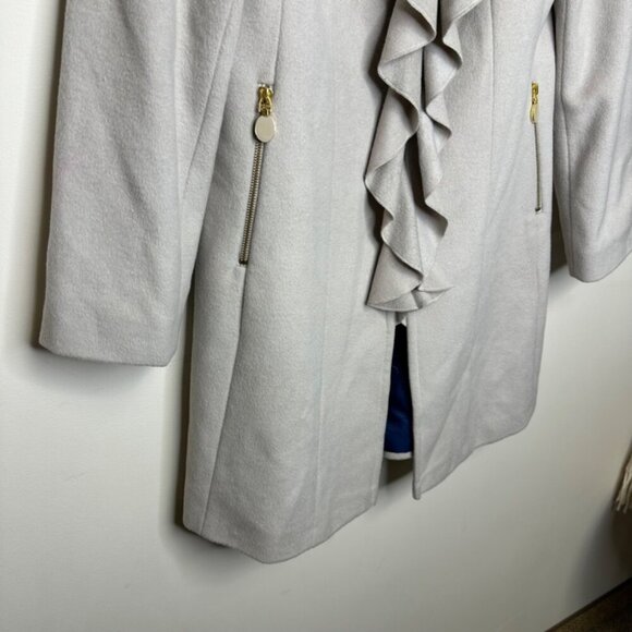 T TAHARI Light Gray Wool Blend Victorian Ruffle Front Mock Neck Pea Coat Size 12 - Picture 4 of 16